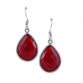 Pretty silver checkered cut red glass drop earrings 